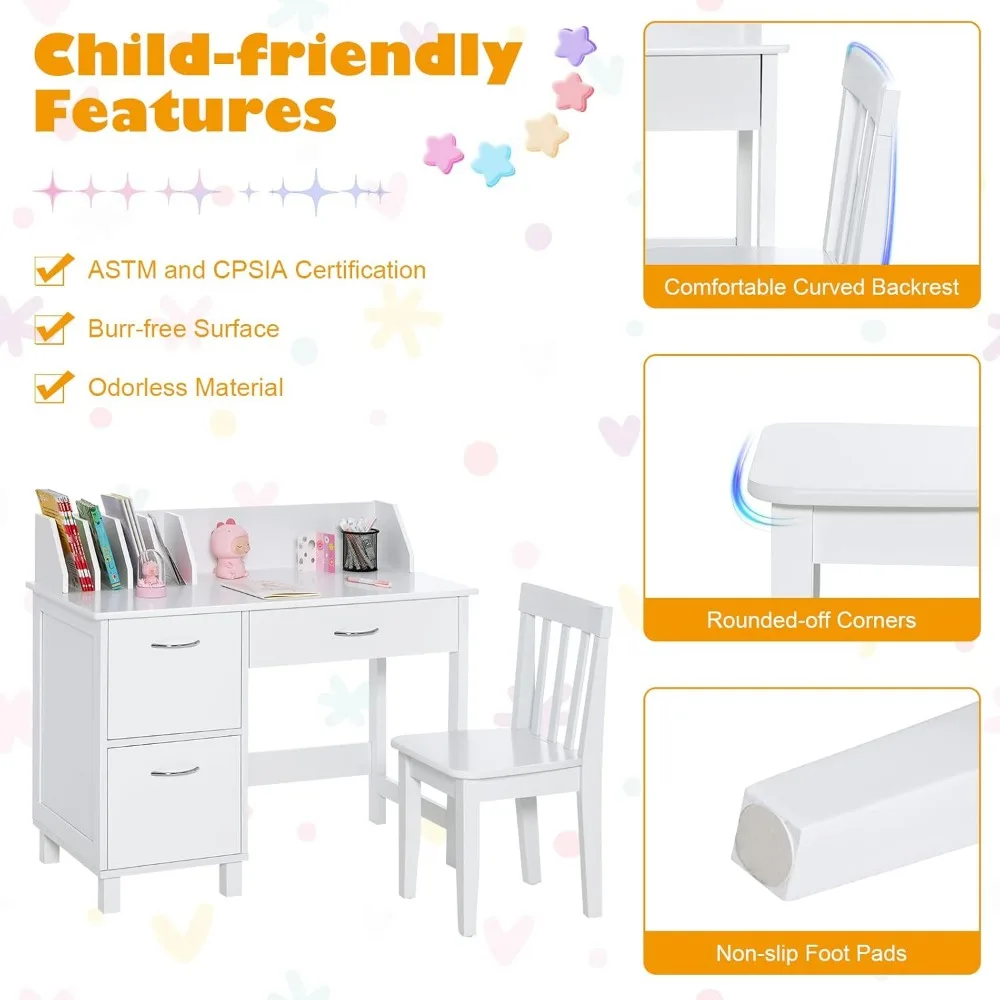 Kids Desk and Chair Set, Children Wooden School Learning Table w/Drawer & Storage Cabinets, Student Writing Computer Workstation 6