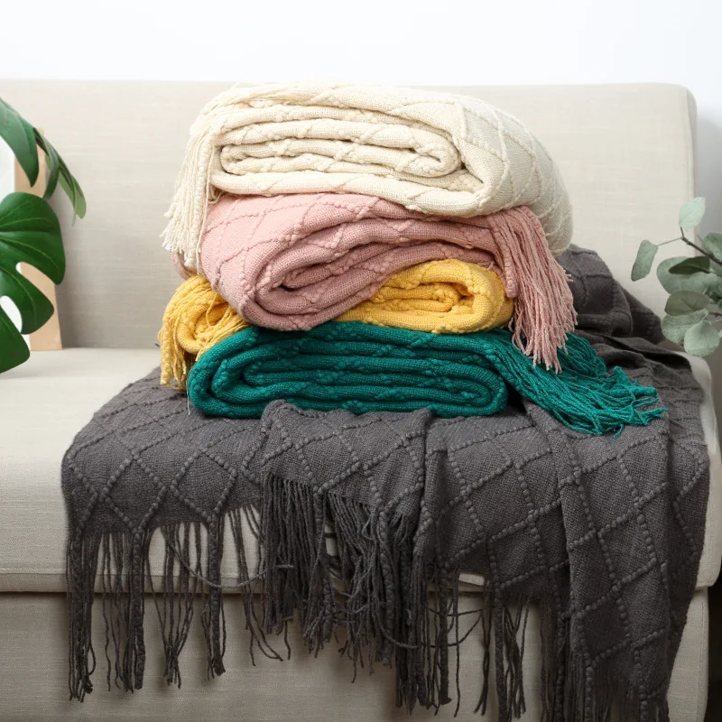 Cozy Army Green Knitted Tassel Throw Blanket - Stylish Home Decor & Gift Idea