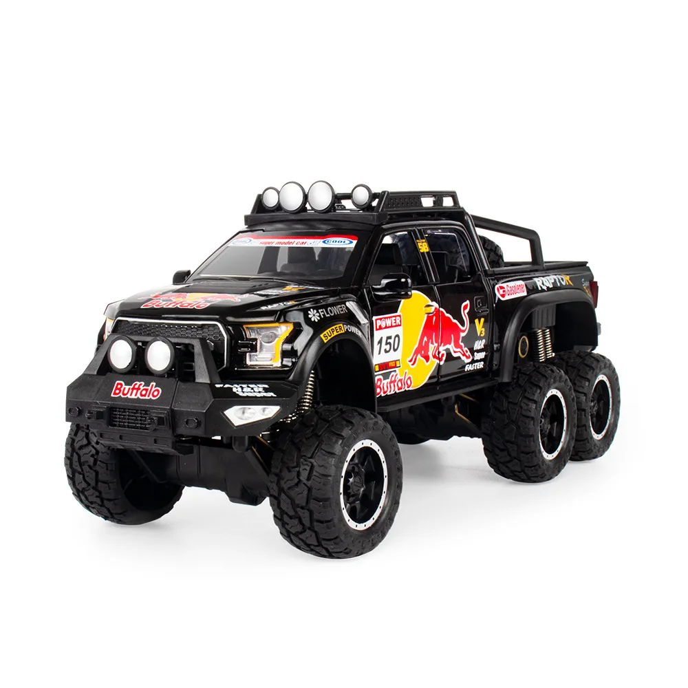 1/28 Scale Simulation Ford Raptor F150 Off-road Pickup Vehicle Model Sound And Light Pull-back Shock Absorber Kids Toys Cars