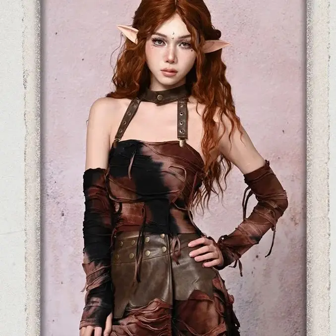 

Оригинальная майка Y2k в стиле Харадзюку с завязкой на шее, камисоль, коричневая ажурная пикантная рубашка в стиле панк/готика/империи/субкультуры, топ с рукавом на руку