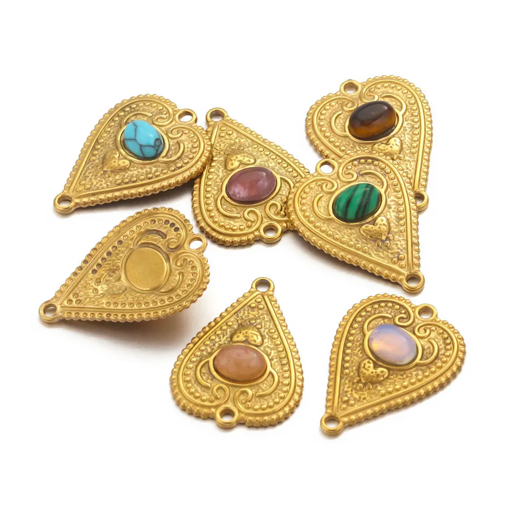 Stainless Steel Oval Bohemian Natural Stone Heart Pendant DIY Accessory Accessories Necklace 2