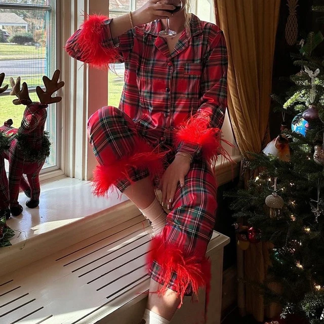 Women's 2 Pieces Pajama Set Long Sleeve Lapel Button Blouse Shirt Tops + Plaid Pants Sleepwear Sets Xmas Furry Trim Pj Sets 4