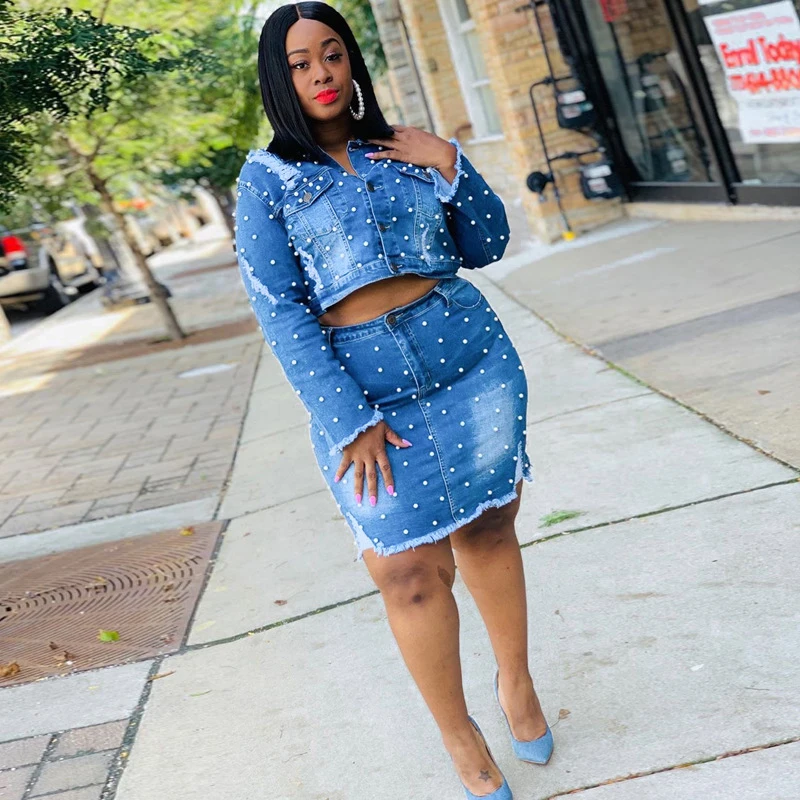Womens Denim Skirt Set Bead Two Piece 