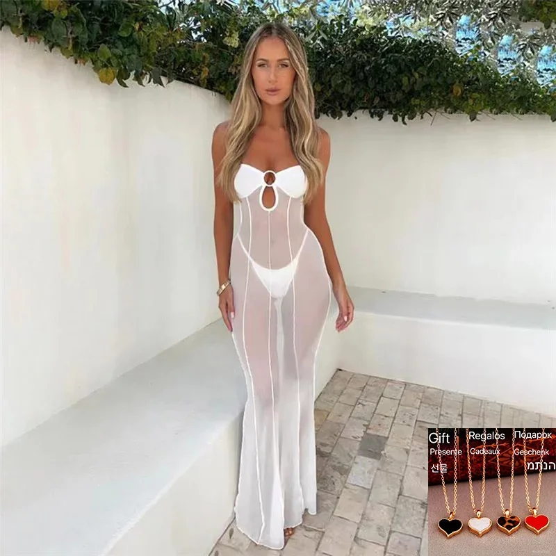 Summer Women Mesh Wrapped Chest Dress Sexy See Through Cut Out Slim Coquette Vacation Beach Style Robe Girls Party Vestido