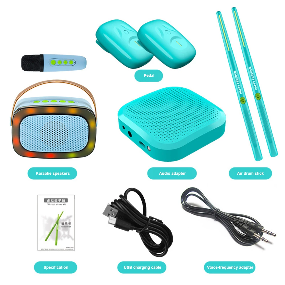 Professional Pocket Drum Set Air Drum with Drumsticks Pedals Set with Speaker Microphone Audio Converter Drumstick