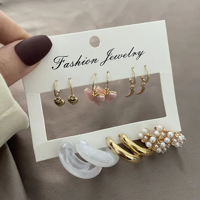 Korean Trendy Geometirc Butterfly Pearl Earrings Set For Women Resin Acrylic Star Heart Round Hoop Earrings Brincos Jewelry Gift ER22Y0084