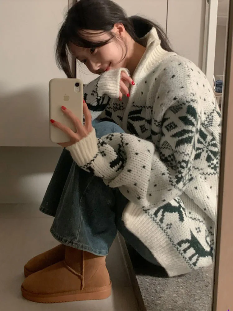 

Vintage Snowflake Print Knitted Cardigan Sweater Women Korean Autumn Winter Loose Long Sleeve Stand Collar Zipper Outerwear Top