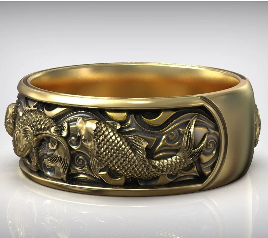 10.5g Carp Koi Fish Japanese Traditional Ornament Band Gold Rings  Customized 925 Solid Sterling Silver Many Sizes 7-13