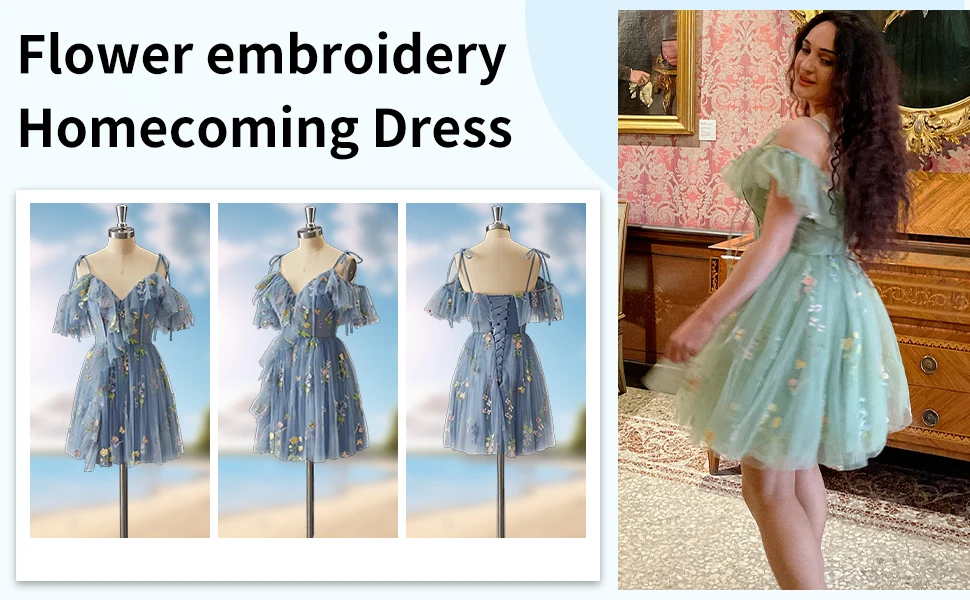 Vestidos cortos de tul con bordado de flores para adolescentes, vestidos de fiesta de graduación formales con tirantes finos, 2024