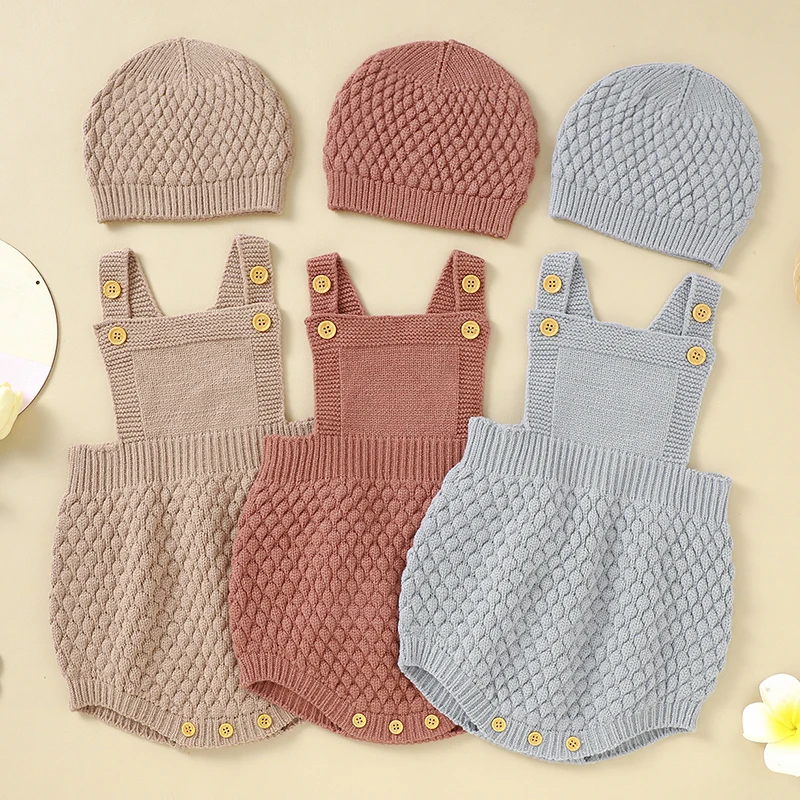 

2Pcs Set Baby Knitted Romper Clothes Set Cotton Triangle Crotch Button One-Piece Jumpsuit+Hats Toddler Baby Boys Girls Outfits