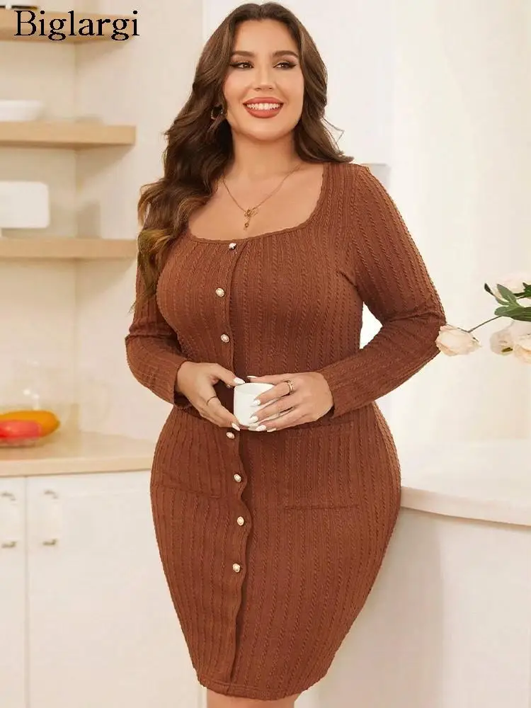 

Plus Size Autumn Winter Mini Knitted Dress Women Square Collar Fashion Bodycon Sexy Ladies Dresses Long Sleeve Woman Dress 2023