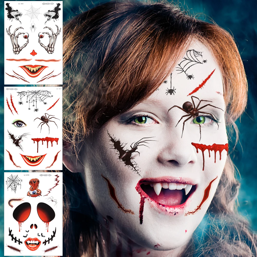 

Lasting Halloween Temporary Tattoos Sticker Waterproof Horror Funny Bloody Scar Wound Spider Face Body Decoration Sticker Makeup