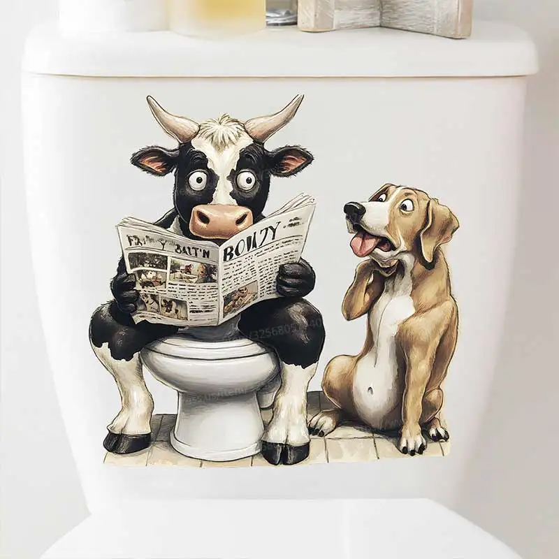 Creative Puppy Cow Reading Newspaper Toilet Sticker Bathroom Toilet Cover Sticker Animal Home BathRoom Decoration Decals S531