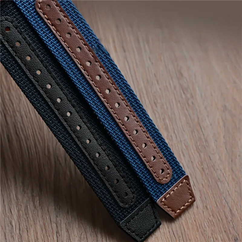 Black Khaki Army Genuine Leather and Nylon Weave Canvas Sport Watch Band Bracelet with Pin Buckle, 20mm or 22mm Strap Size