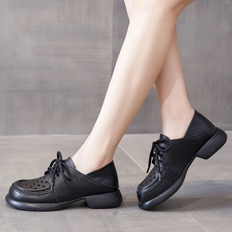 

New Mid Heel Shoes For Women 3 cm Heel Pumps PU Leather Fashion Lace Up Hollow Out Thick Heel Luxury Ladies Platform Shoes