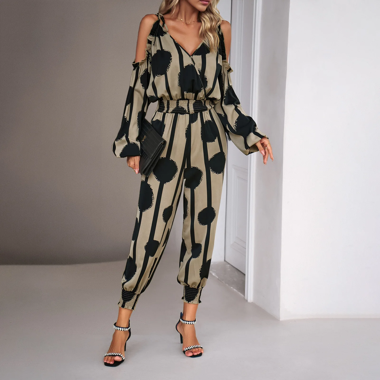 Autumn Women Casual Long Sleeve V-Neck Jumpsuits Ladies Sexy Bodysuit Fashion Looseelastic Waist Long Pants Women's Pants