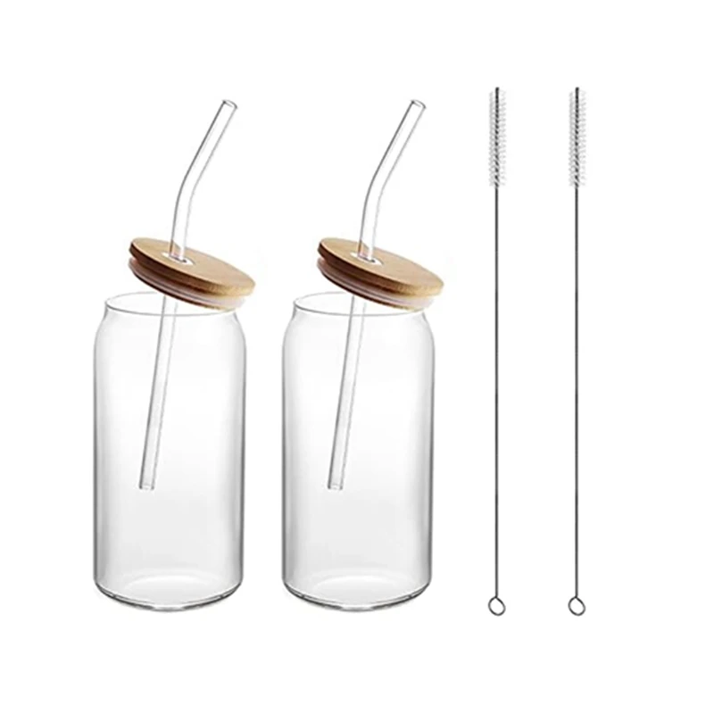 

2Pcs 16Oz Glass Cups Beer Mug With Lids And Straws For Coffee, Beer, Tea, Wine Glasses Beverage Utensils Durable