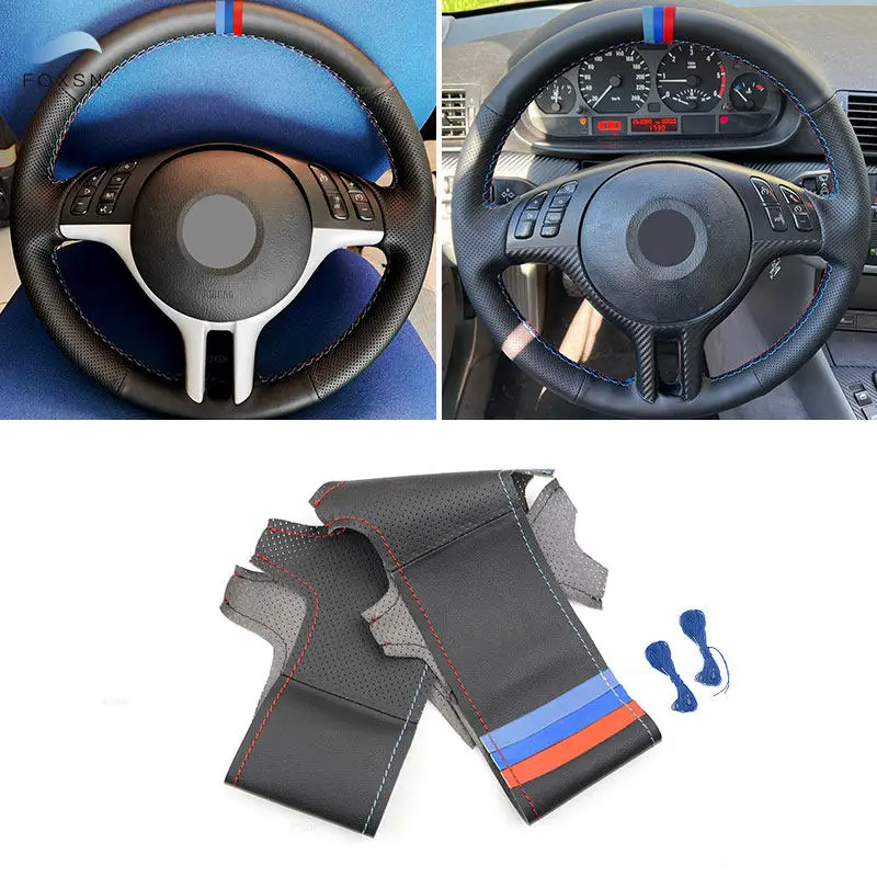 

Car Steering Wheel Cover For BMW 3 5 Series E46 E39 2000-2004 X5 E53 Z3 E36 2002 Perforated Leather Hand Braid w/ red blue strip