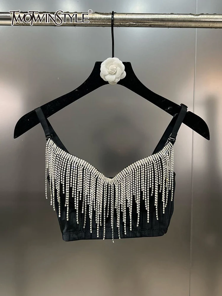 

TWOTWINSTYLE Patchwork Diamonds Tassel Slimming Sexy Vests For Women Square Collar Sleeveless Veat Female Fashion Clothes New