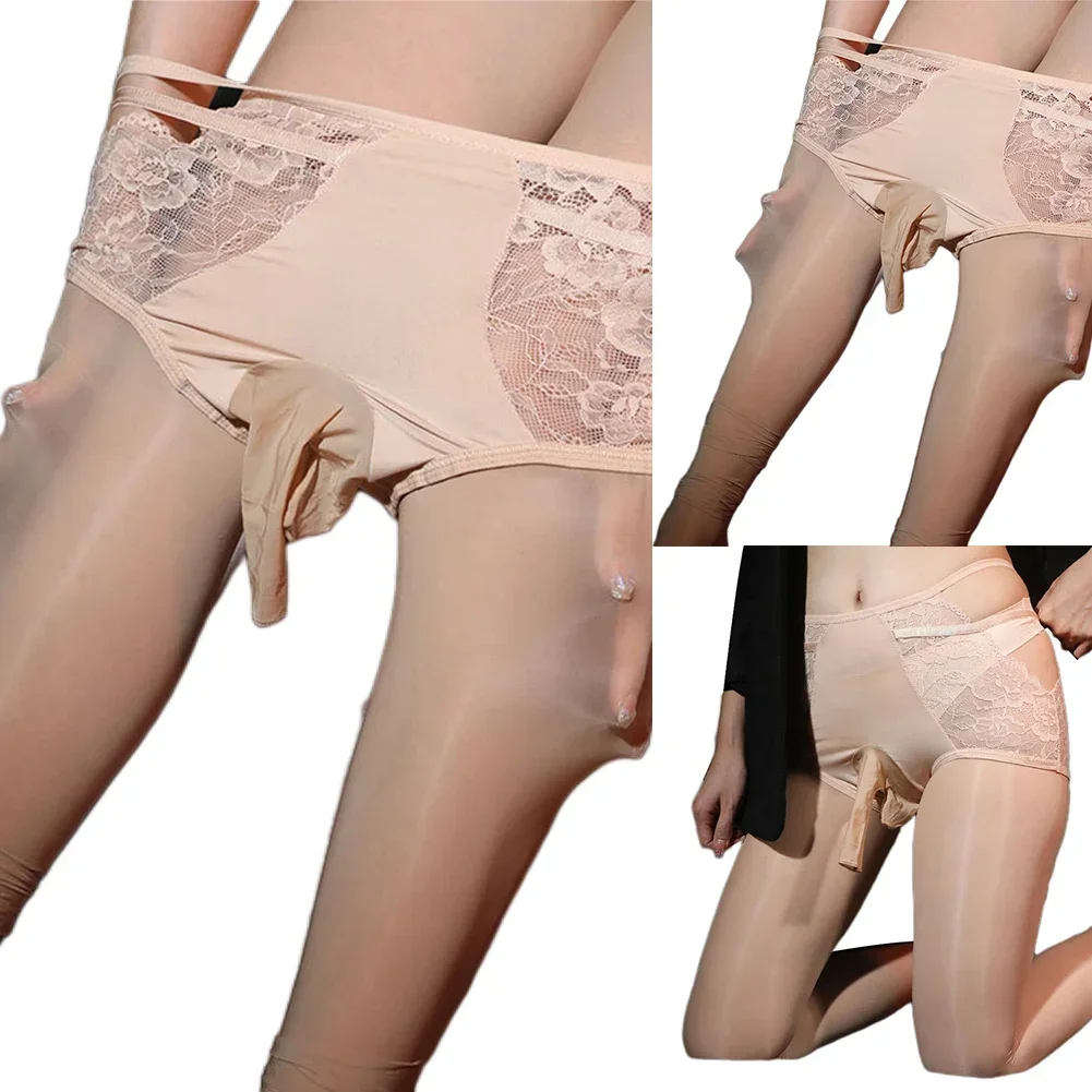 Men Sexy Oiled Stockings Jj Cover Open Sheath Stretchy Pantyhose Sheer Perspective Lace Underwear Erotic Lingerie Sissy Socks