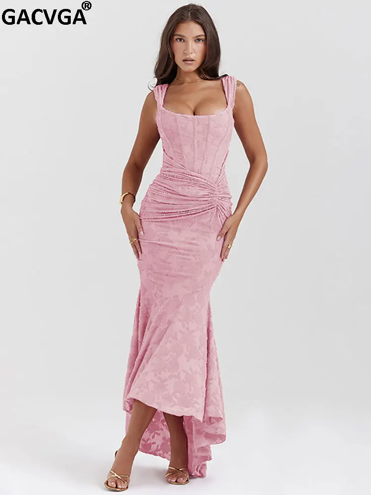 

GACVGA Sexy Backless Pleated Long Dress Women Elegant Off Shoulder Sleeveless Slim Fashion Bodycon Club Party Evening Dress