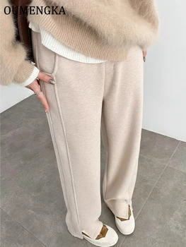 Pantaloni di lana da donna autunno inverno a vita alta di nuova moda Pantaloni di qualità in vita elastica Pantaloni morbidi e caldi di tipo dritto 1