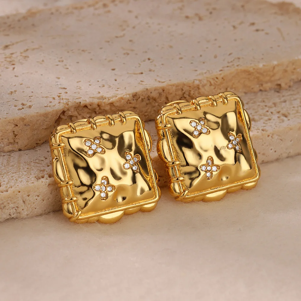 Cross Zirconia Lace Square Stud Earrings For Women Gold Color Stainless Steel