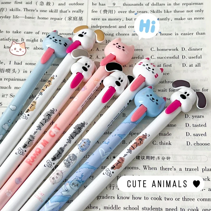 4PCS/Set Cute Dog Gel Pen Tongue Pulling Gel Ink, Cat Design, 0.5MM Black Neutral Pen Quick Dry Stationery New 5