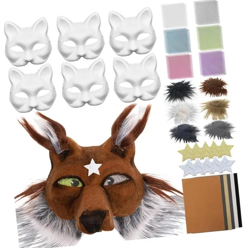 39BD 6er-Pack Tierkatzen-Gesichtsmasken-Set mit pelzigem Besatz, Augennetz zum Bemalen, weiße Papiermaske, unbemalte – Detail 10