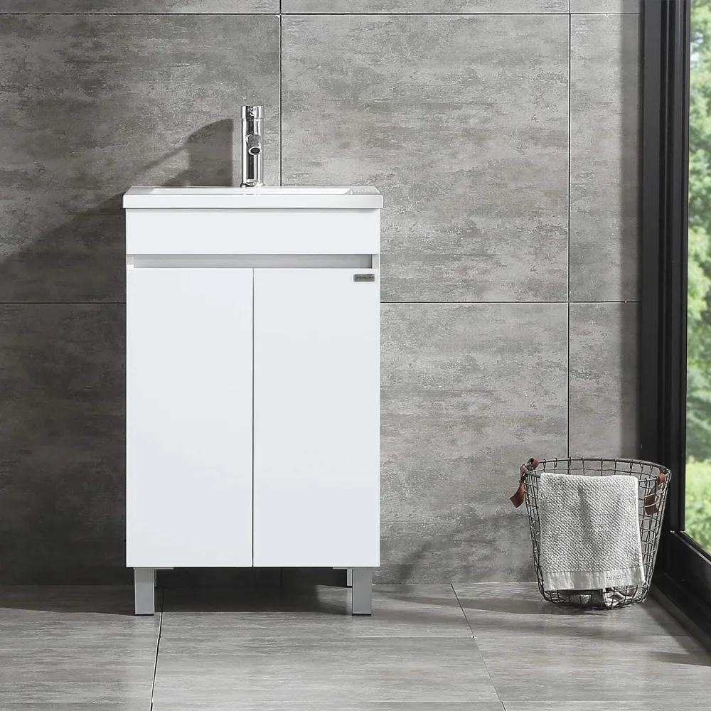 20 Inch Free Standing Bathroom Vanity Cabinet with 2 Doors Undermount Resin Sink and Chrome Faucet Combo White 4