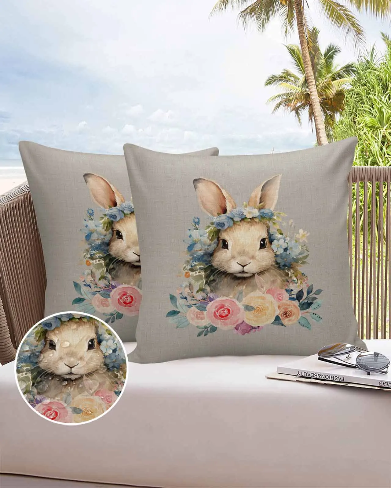 

2/4PCS Easter Rabbit Watercolor Flower Waterproof Cushion Cover For Home Decoration 40/45/50/60/66cm Pillowcase