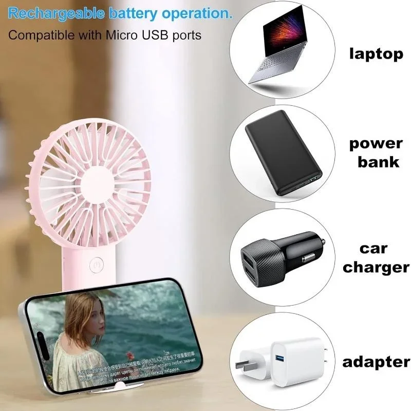 Rechargeable Portable Mini Handheld Fan with Phone Holder and Adjustable Speeds
