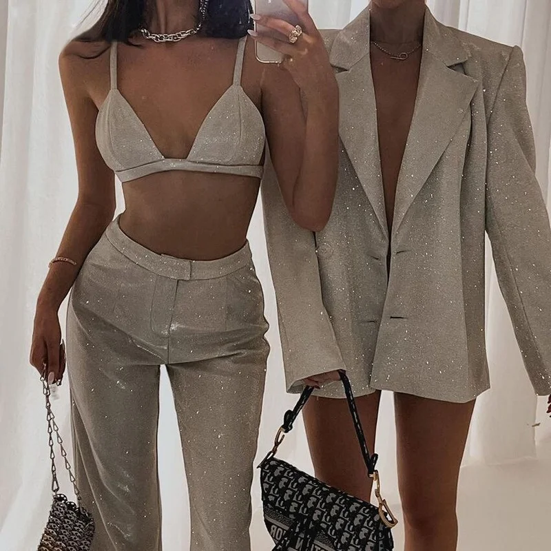 

party prom Fashion women's suit nightclub solid color blazer underwear straight pants sportswear wholesale spring summer new