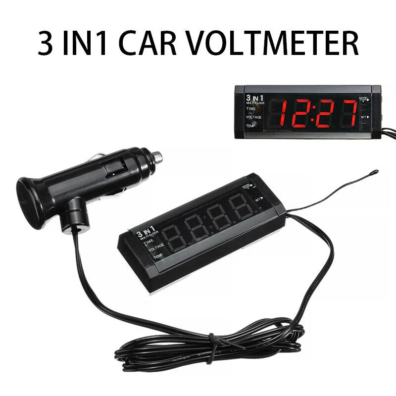12v Mini Car Digital Clock Thermometer Voltmeter 3 In 1 Led Display