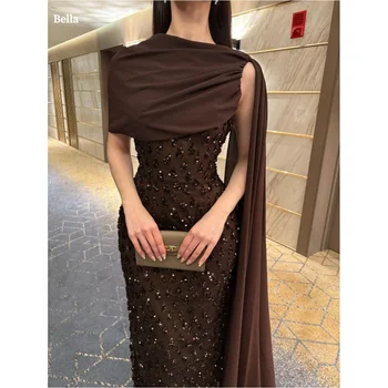 Bella Customized Chocolate Brown One Shoulder Prom Dress Sequin Beaded Draped Cape robes de soirée Luxury Party Dresses 2025 1