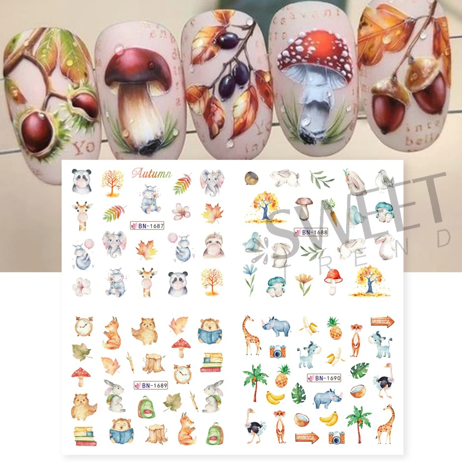 nail stickers 12pcs Hedgehog Animal Pine Cones Gold Fall Design Watercolor Winter Manicure Transfer Sliders