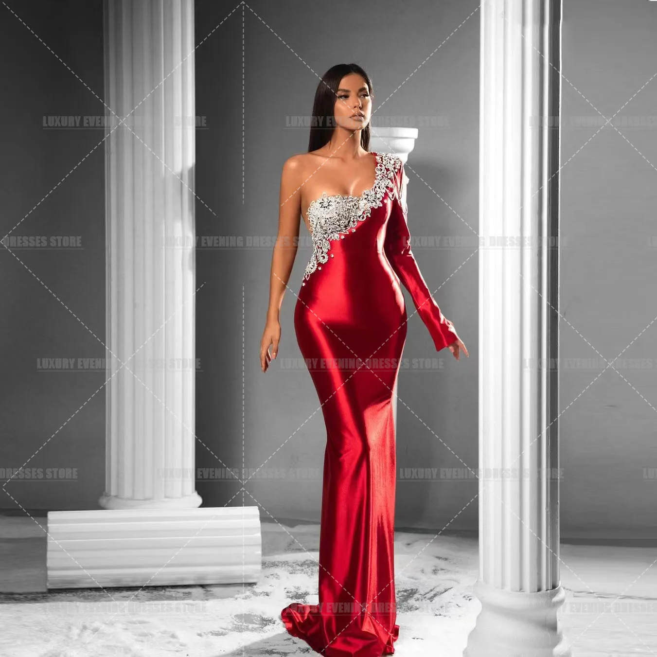 

Arabic Applique One Shoulder Elegant Evening Dresses For Woman Sexy Mermaid Sweetheart Princess Satin Formal Party Prom Gowns