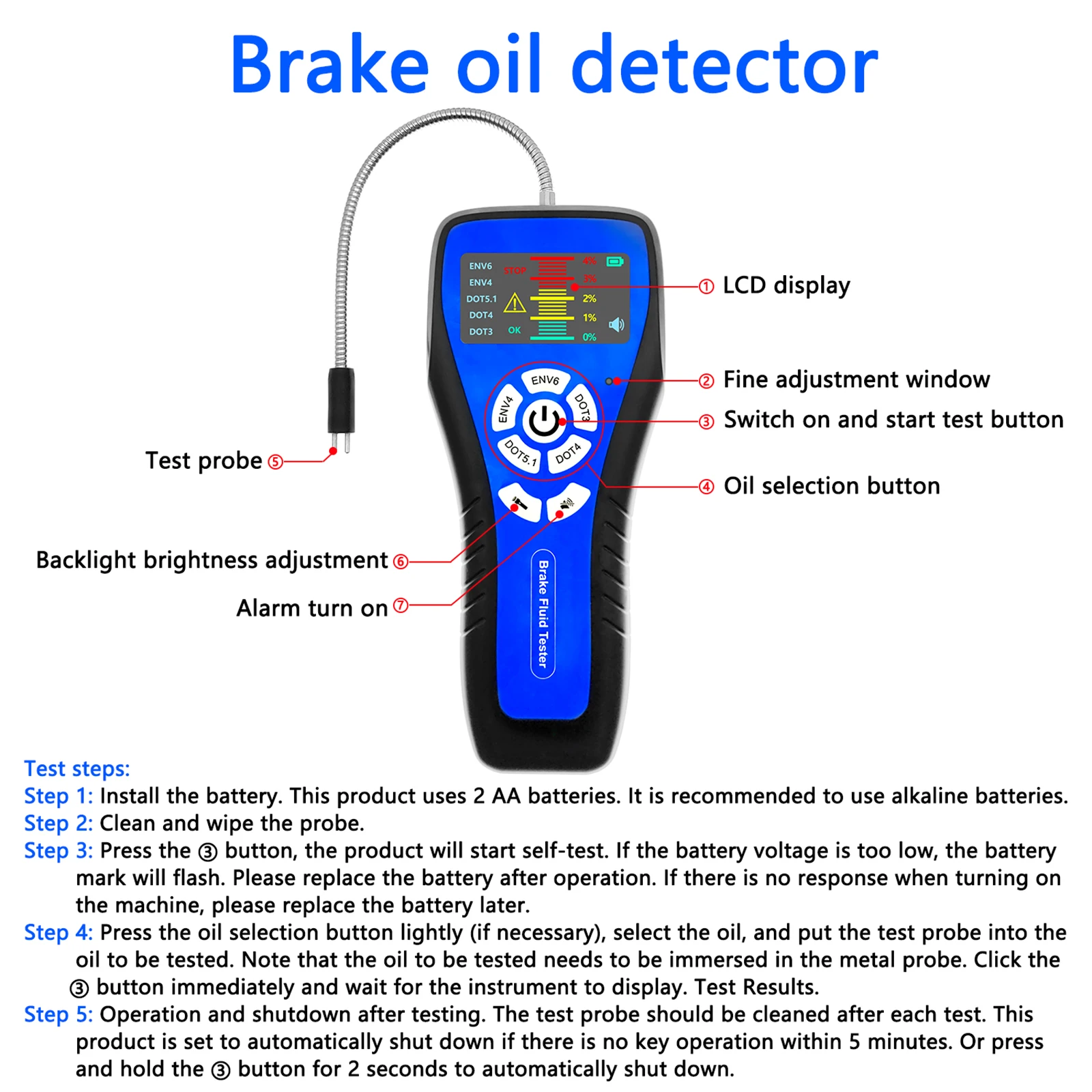Brake Fluid Tester High Precision Car Brake Fluid Detector with Color LCD Screen Audible Alarm DOT3 DOT4 DOT5.1 ENV4 ENV6 Tester 4