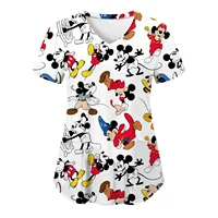 Miniso Minnie Mouse T-shirts V Neck Woman Clothes Hospital Tops Disney Top Women 2024 Nurse Uniform T-shirt Pocket Summer Tees 1