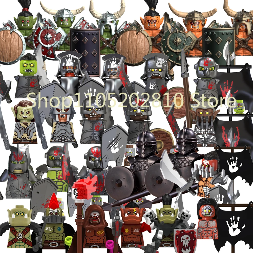 Mittelalterliche Militärfilmfigur MOC Baustein Ork Waffen Schild Rüstung Pistole Messer Schwert Axt Halterung Pferd Hirsch Wolf Spielzeug Geschenk I4