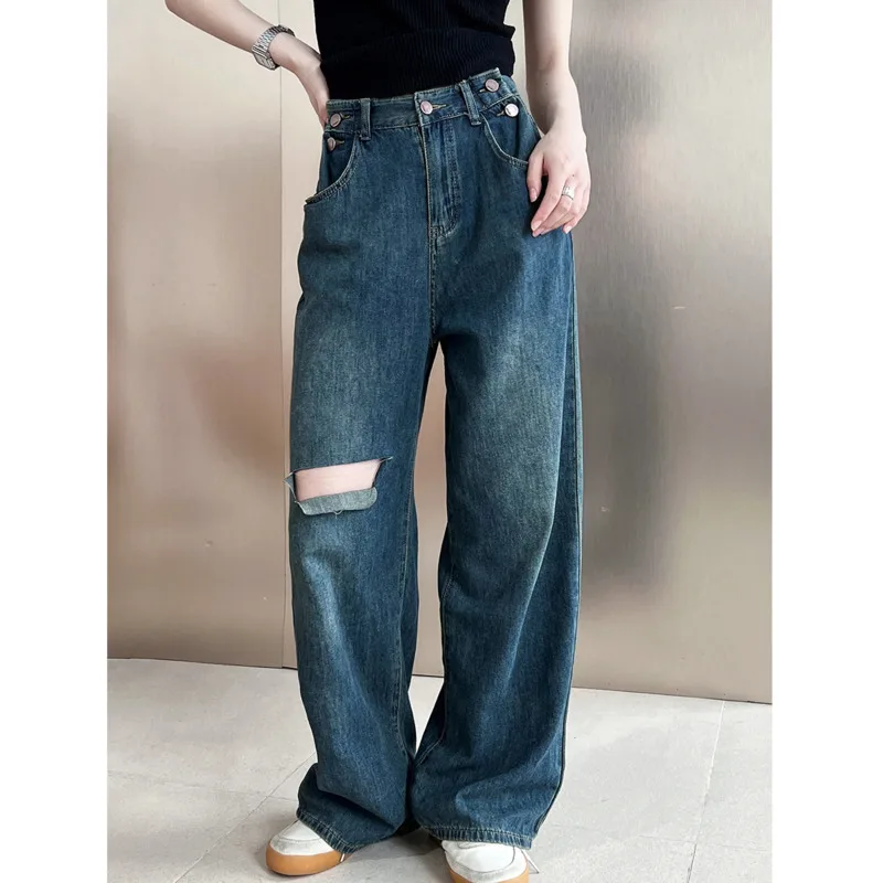 

Spring Summer Vintage Hole Jeans Women High Waist Loose Straight High Street Cotton Wide Leg Pants