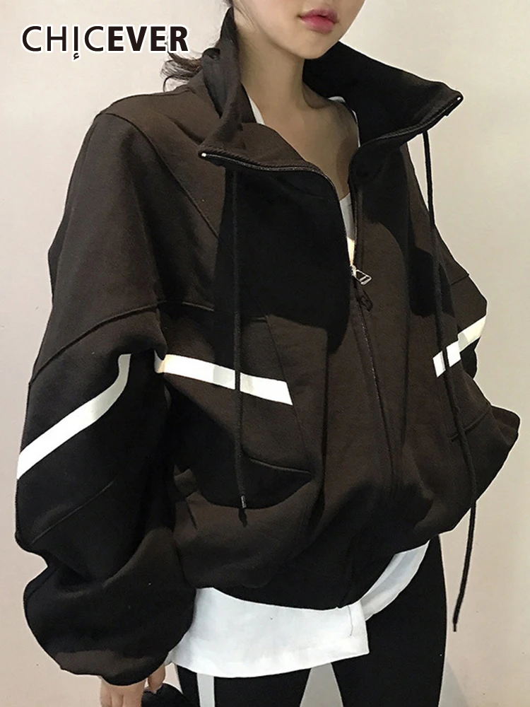 

CHICEVER Colorblock куртки для женщин с воротником-стойкой с длинным рукавом в стиле пэчворк на молнии Свободное пальто в полоску Женская Осенняя одежда