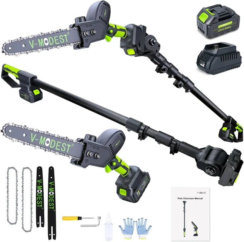 2-IN-1 Cordless Pole Saw 8" & 10" Electric Pole Chainsaw Powered by 21V 4.0Ah battery Automatic Oiler 4LB 15FT Max Extension Saw