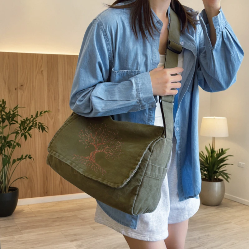 Vintage Women's Shoulder Bag Canvas Tree Print Crossbody Bag Large Capacity for Daily Use Messenger Bag