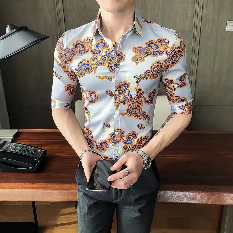 Elegant Fashion Harajuku Slim Fit Ropa Hombre Casual All Match Shirt Pointed Collar Printed Button Three-quarter Sleeve Blusa