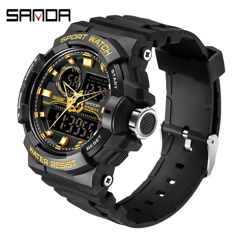 SANDA Youth Fashion Digital Watch Men Shockproof Waterproof Dual Wristwatches LED Chrono Alarm Clock Mens Watches Cool Hour 6025