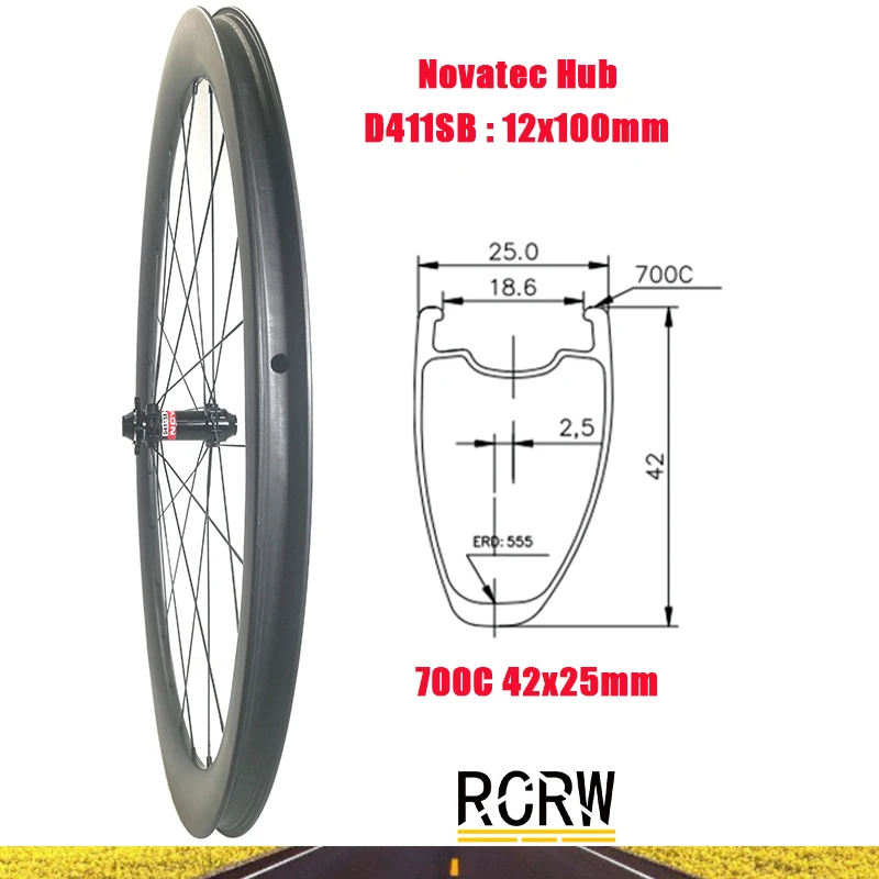

700C Road 42x25mm Front Wheelset Carbon Rim 24Hole Asymmetric Tubeless Deep 42 Wide 25 Novatec D411SB 6 Bolts Straight Pull Hub