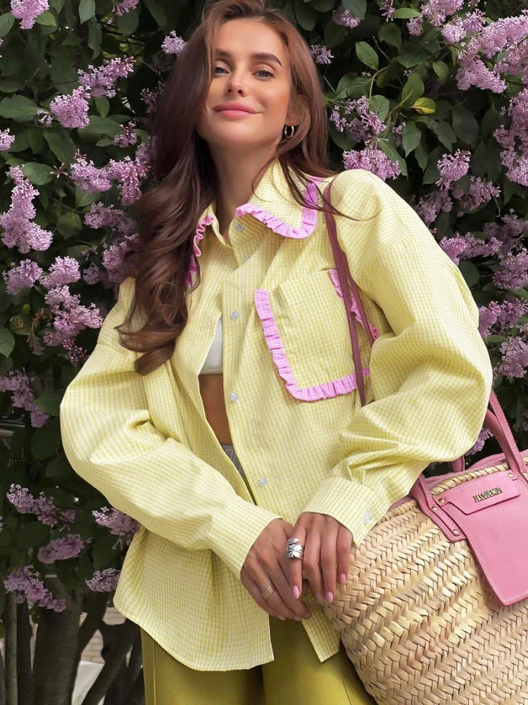 

Casual Autumn Pink Patchwork Shirts Women 2023 Fashion Cotton Office Lady Plaid Blouses Elegant Yellow Loose Party Blouses
