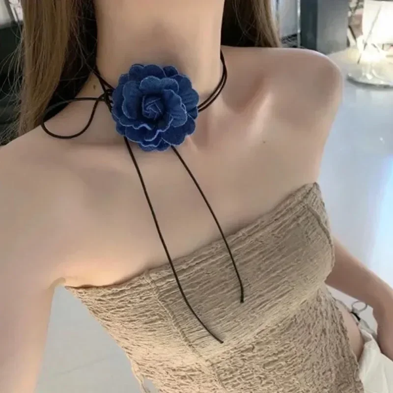 Women Jewelry Adjustable Flower Rose Pendant Choker Y2K Collarbone Chain Jeans Cloth Wax Rope Necklace