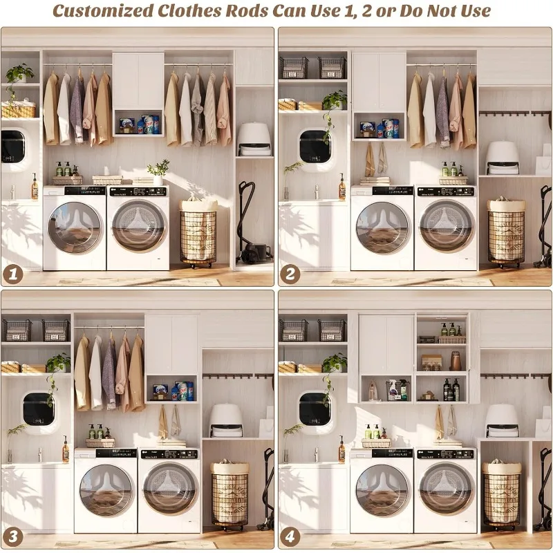 Wall Cabinet with 2 Hanging Rods, 67'' Wide Laundry Wall Cabinet with 2 Doors, Open Rack & Adjustable Inner Shelf 6